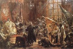 Russian Tsar Vasili IV Shuyski kneeling before Polish King Sigismund III Vasa at Sejm in Warsaw 1611