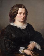 Portrait of Maria Maurizio in black taffeta dress with lace, holding a booklet, seated in a chair