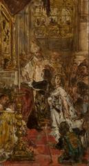 Oil sketch of King John II Casimir of Poland kneeling making vows in front of the image of Our Lady, with Bishop Tarnowski reading the vow, the queen kneeling beside, and the royal suite behind, painted in warm brown and ochre tones