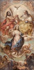 Assumption of the Virgin Mary by Jan Matejko, showing Mary ascending to heaven supported by angels, holding a lily, with the Holy Trinity above and saints below, painted in warm tones with expressive brushstrokes
