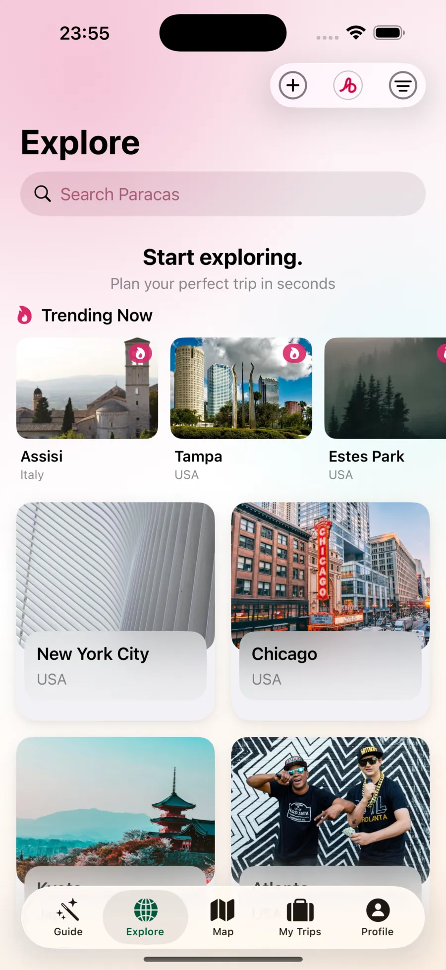 Audiala app Explore page showing trending destinations