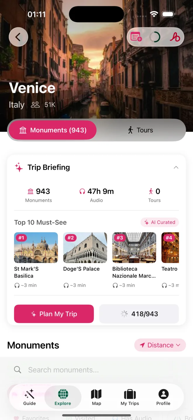 Offline obrazovka benátského průvodce