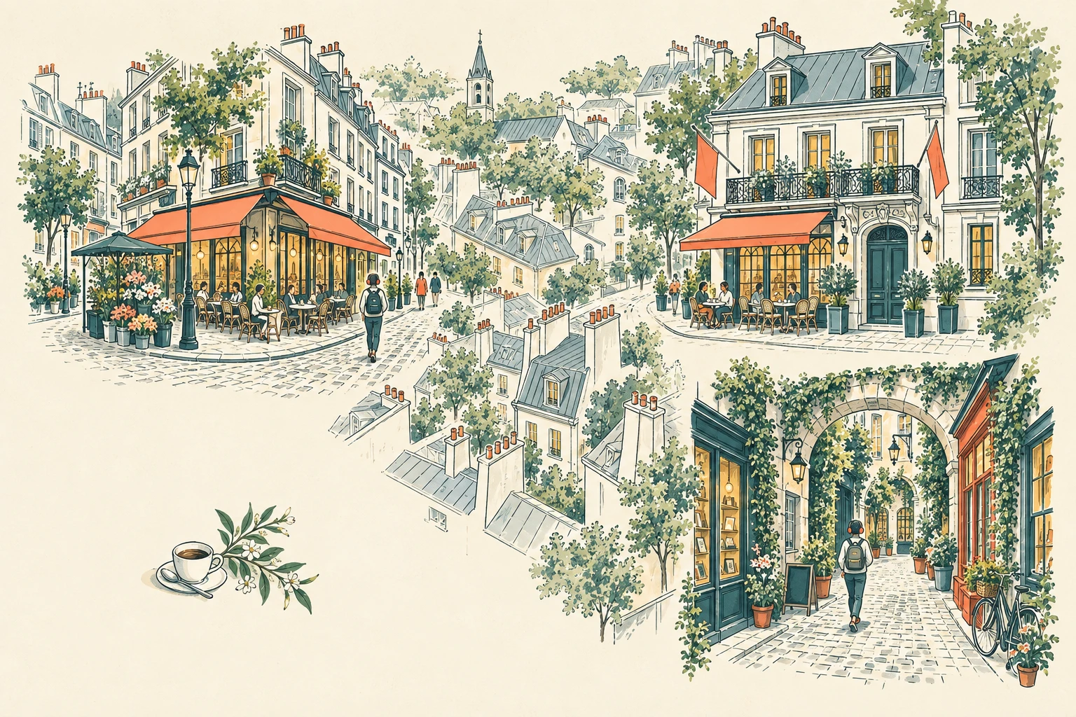 An illustrated overview of the optional Saint-Germain chapter: café terraces on Rue de Buci, the cobbled Cour du Commerce and Le Procope. This illustration is not to scale.