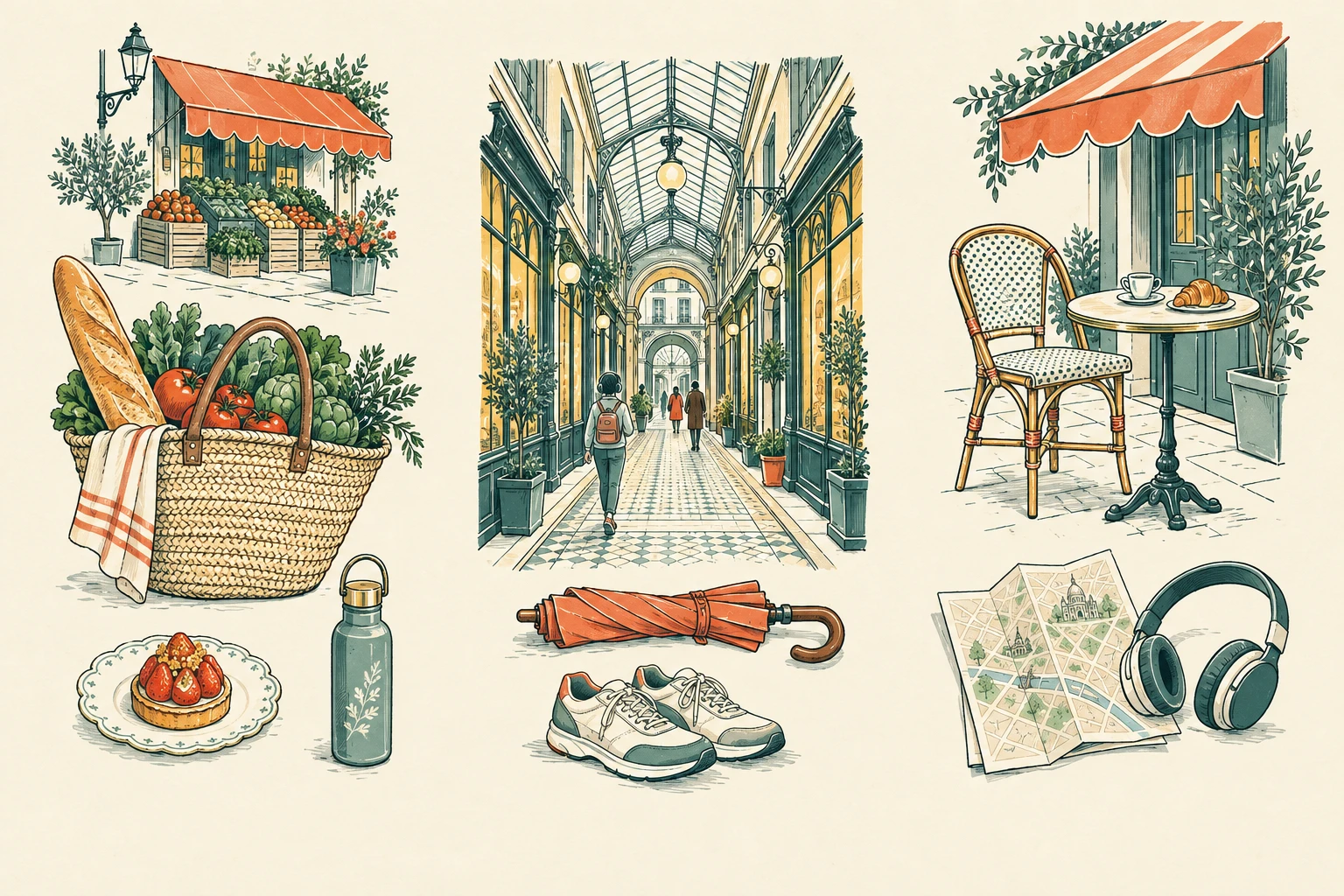 Illustrated travel essentials: a market basket and pastry, a covered arcade with comfortable shoes and umbrella, and a café chair with a map and headphones.