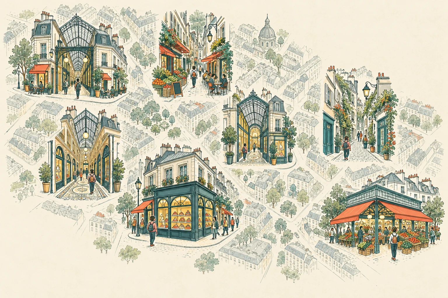 An illustrated overview of seven Paris stops: a food market, intimate passages, a pastry shop, Rue du Nil, Galerie Vivienne and Passage des Panoramas. Use the numbered stop list and street map for exact locations.
